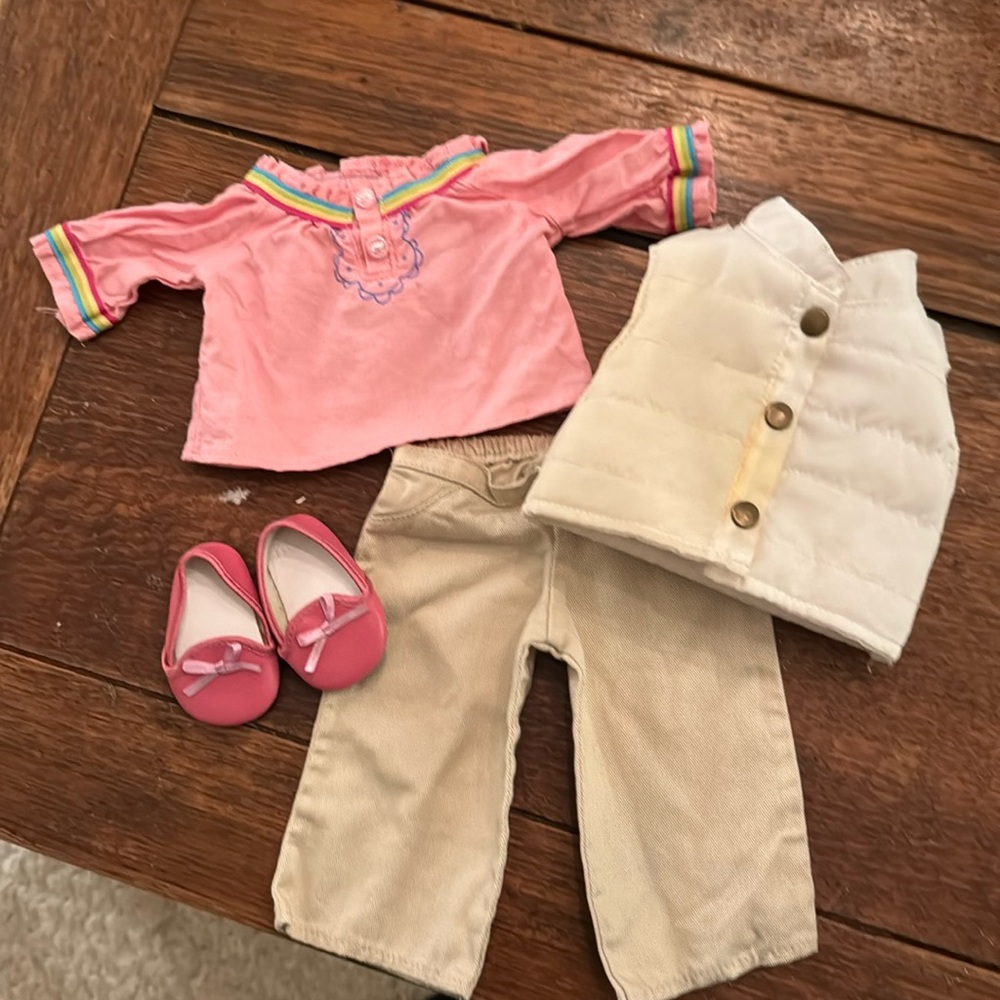 American Girl Doll. Bundled outfit. Shirt, khakis, puffer vest, shoes.